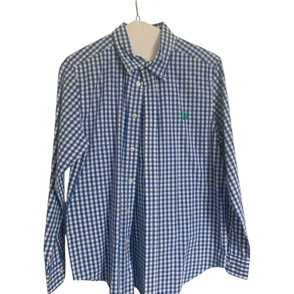 Chaps Men’s Easy Care White and Blue Plaid Button Down Shirt - Size L